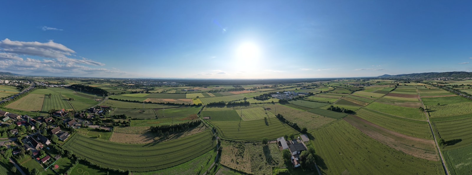Landstraße durch weite, bewirtschaftete Ackerflächen im Münsterland